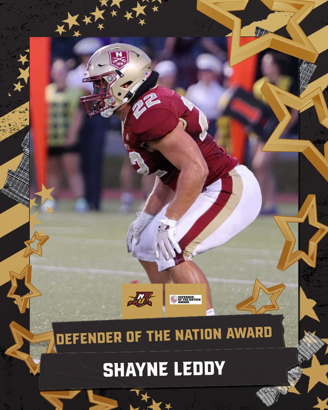 Photo of Shane Leddy in his football uniform announcing him as the 2024 Defender of the Nation Award Winner
