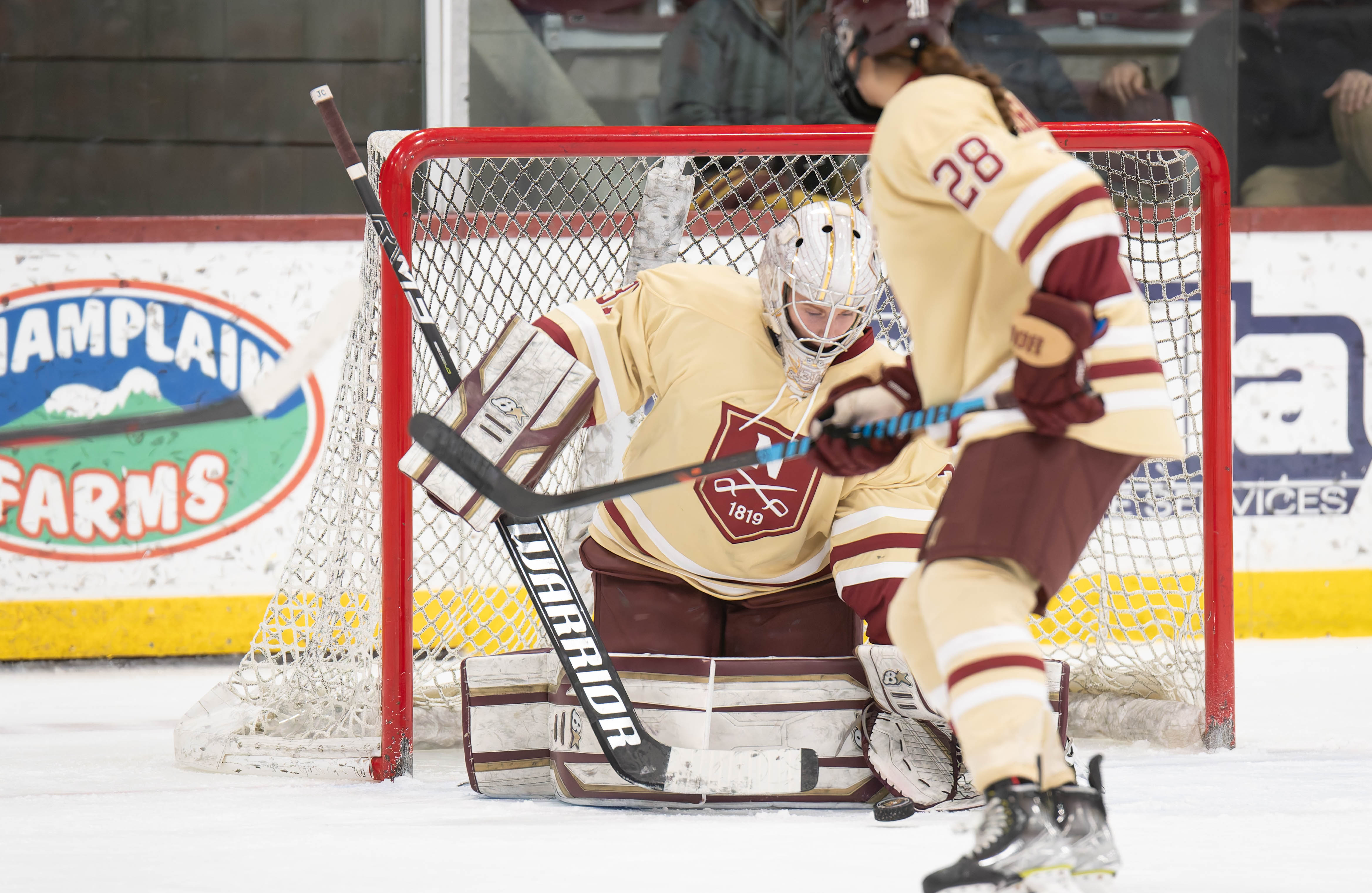 Two players from Norwich Women's Ice Hockey in full gear on the ice