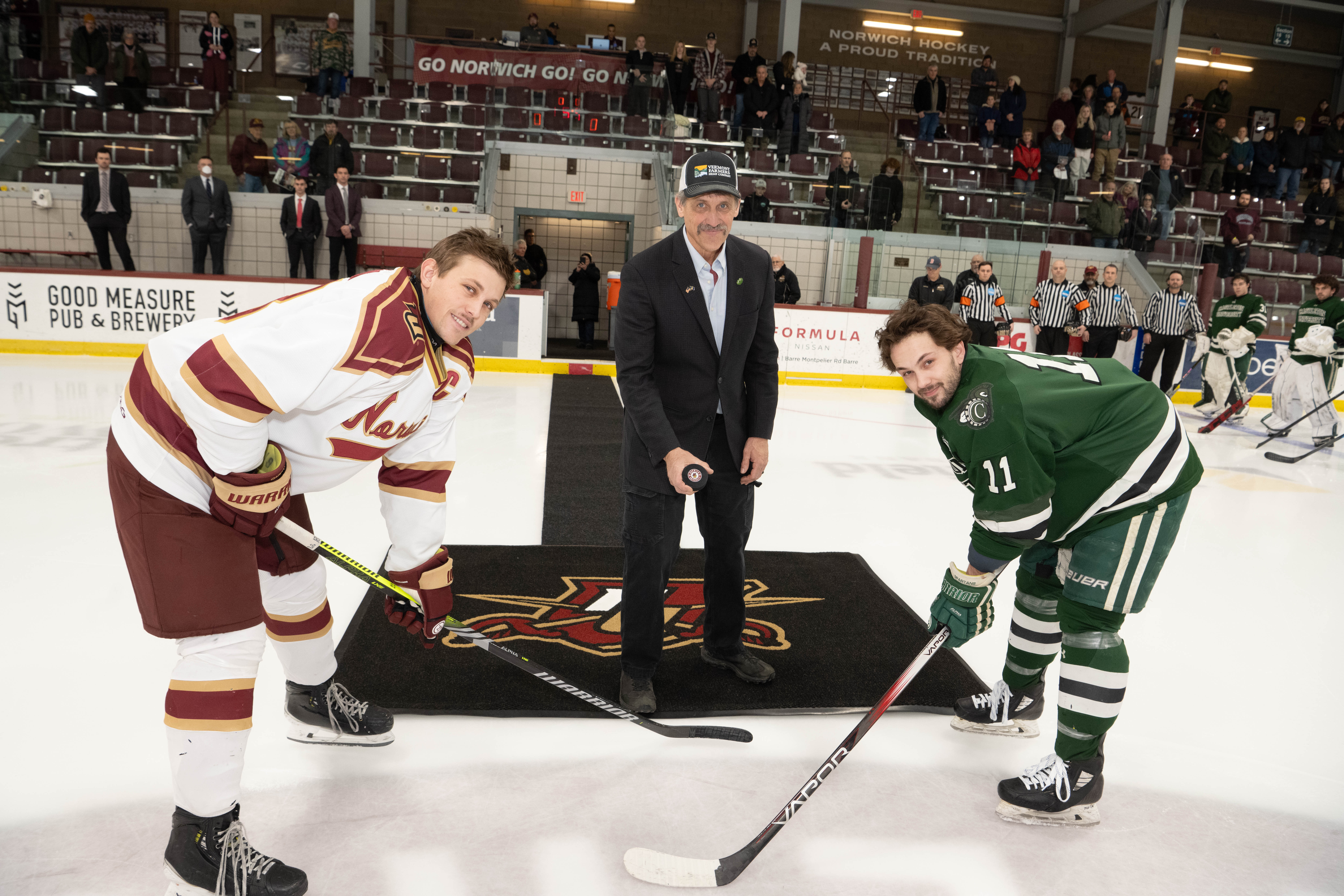Vermont Lieutenant Governor John Rodgers honored by conducting a ceremonial puck drop during the men’s hockey intrastate rivalry game between the Norwich University Cadets and visiting Vermont State University – Castleton Spartans. 