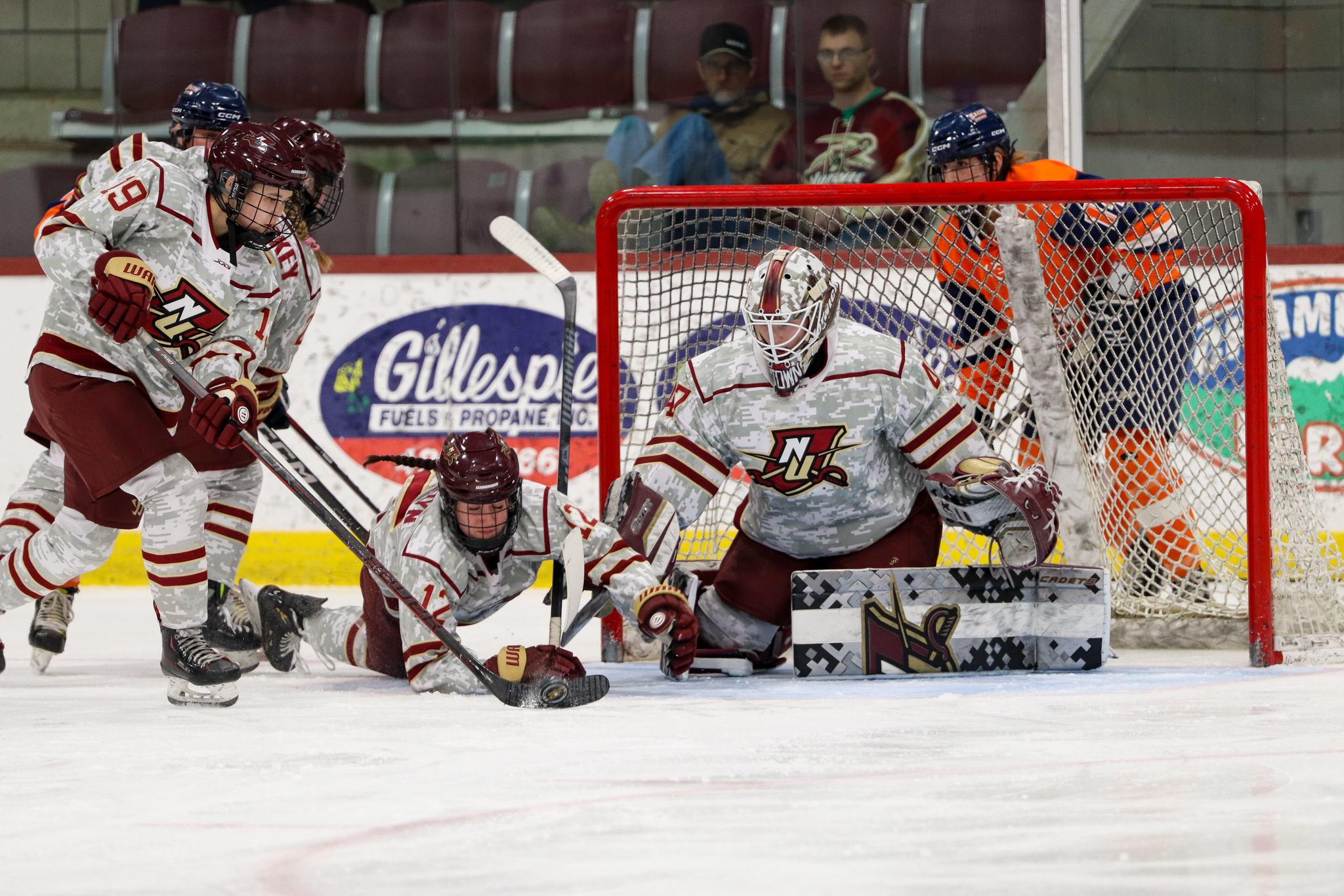 The Norwich Women’s Ice Hockey team on the ice in uniform playing against Salem State