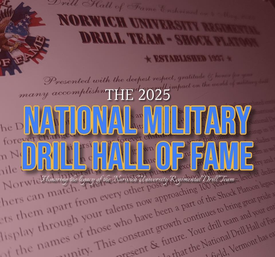 Promotional graphic for "The 2025 National Military Drill Hall of Fame," honoring the legacy of the Norwich University Regimental Drill Team, with a focus on tradition and achievement. The text is overlaid on a background featuring a blurred certificate.