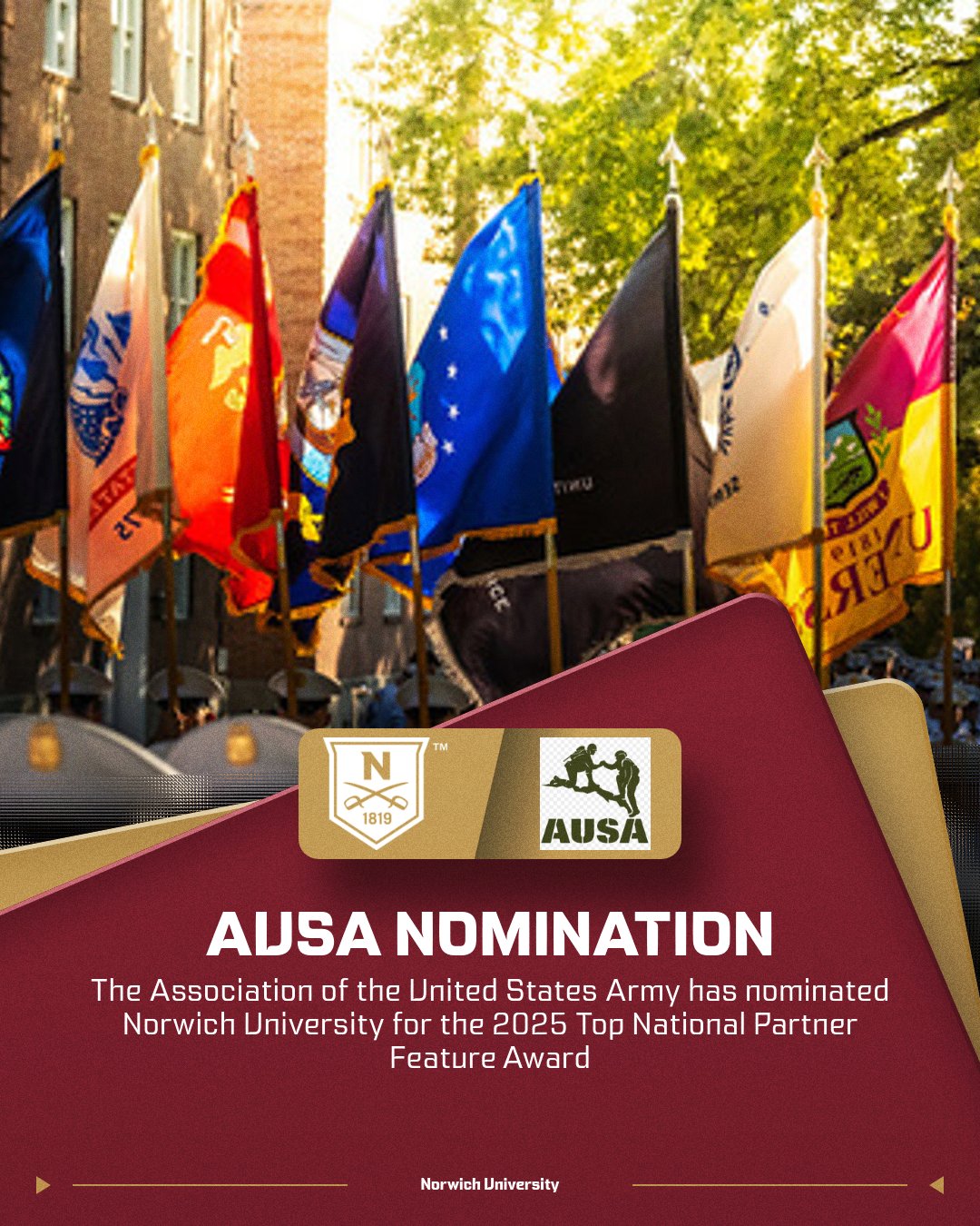The flags of the Armed Forces are displayed on the Upper Parade Ground during the afternoon, with the bottom of the photo designed with maroon overlaying gold, and the logos of the AUSA and Norwich.