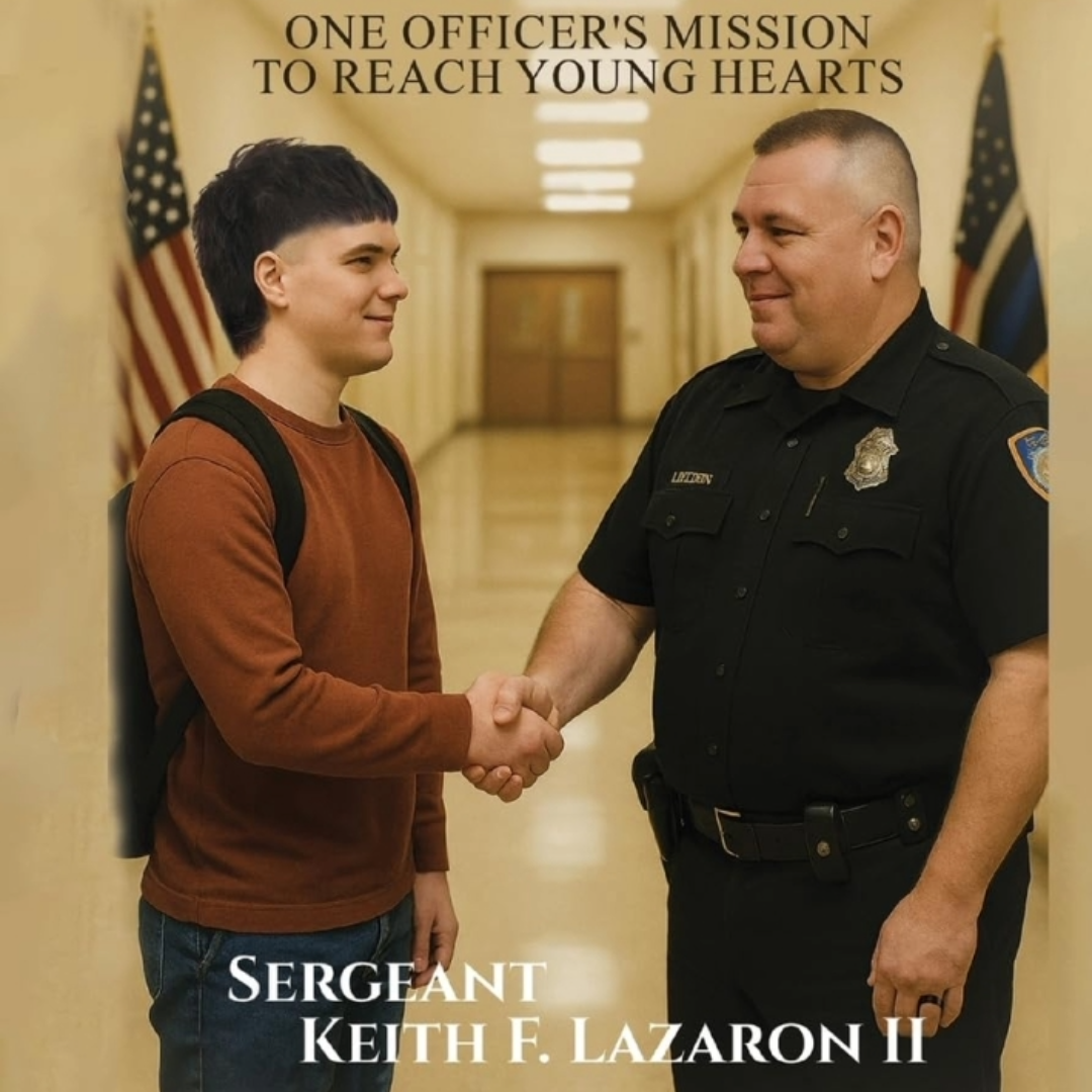 Image of Sergeant Keith F. Lazarón II shaking hands with a young individual in a school hallway, flanked by American flags. Caption reads: 'One officer's mission to reach young hearts.'