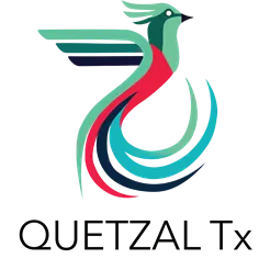 A colorful bird logo for Quetzalt Therapeutics.