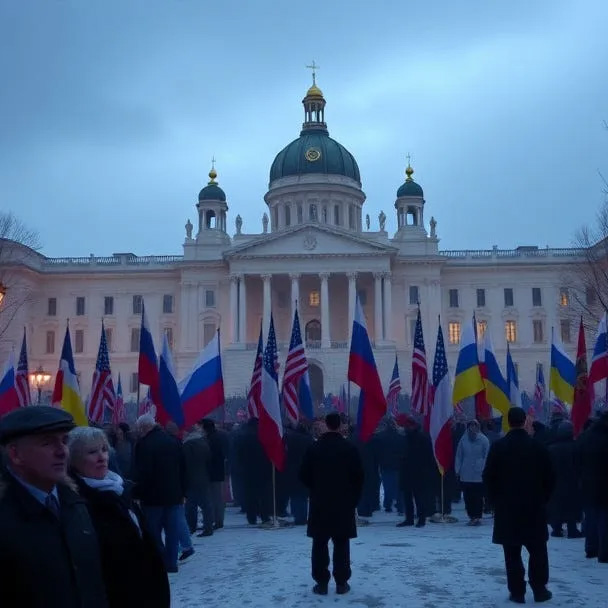 A group carrying various nations' flags stands in front of government building.