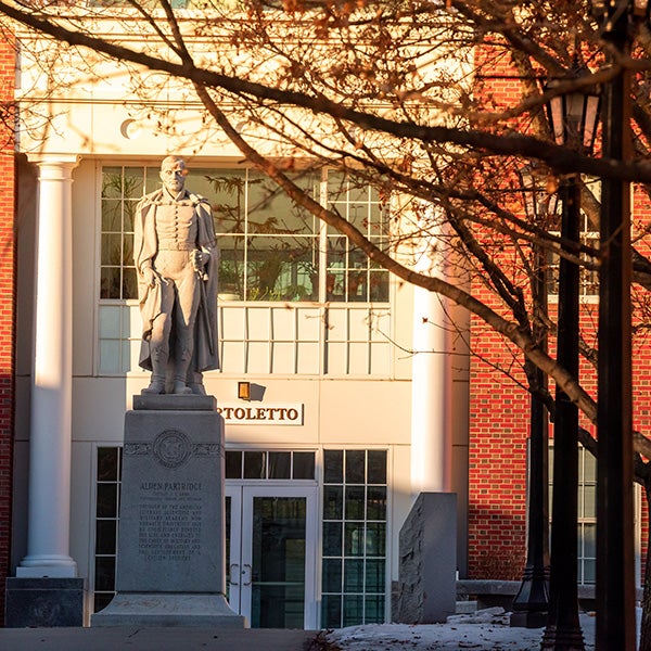 Norwich University Alden Partridge statue in front of Bartoletto Hall-