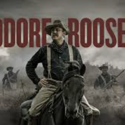 Theodore Roosevelt sits on a horse in front of soldiers with THEODORE ROOSEVELT in large red text.