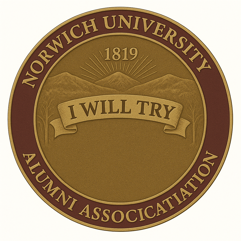 Norwich University Alumni Association seal with mountains, 1819, and a banner reading I WILL TRY.
