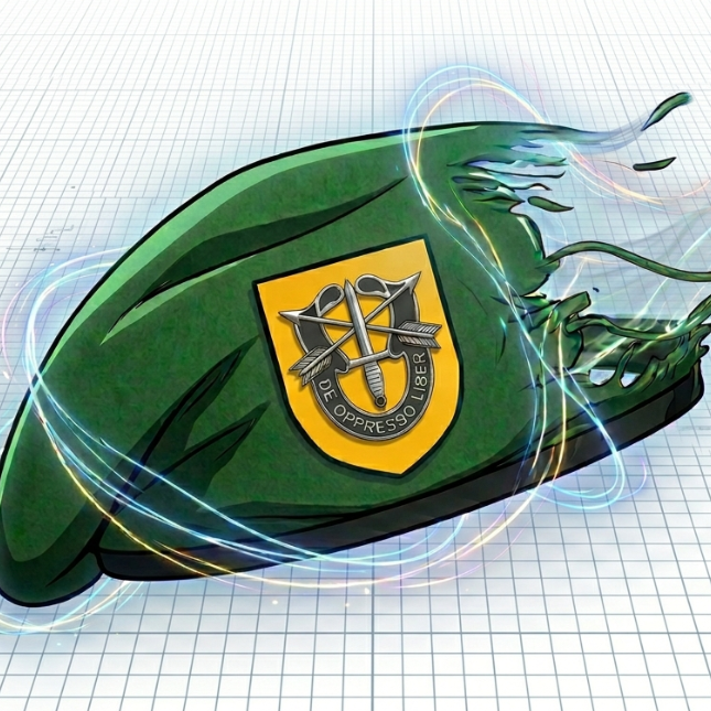 Green beret with a De Oppresso Liber Special Forces insignia dissolves into fragments with glowing light trails.