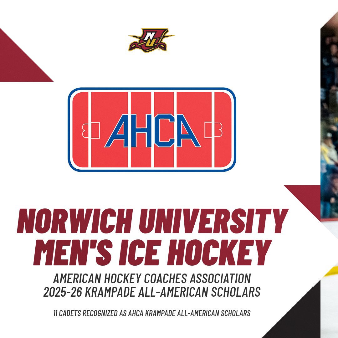 Graphic with AHCA logo and text announcing Norwich University men's ice hockey earned 11 AHCA Krampade All-American Scholars for 2025-26.