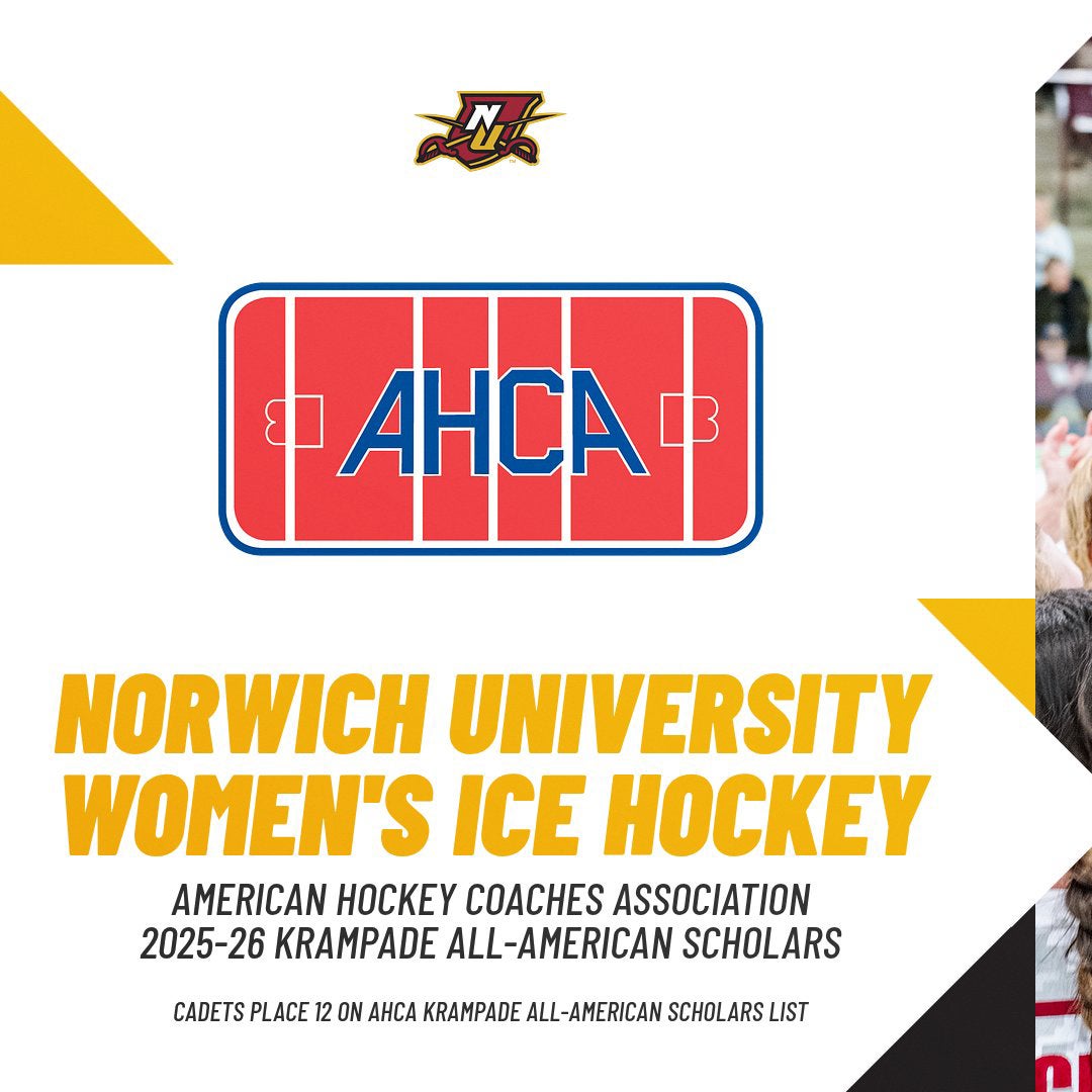 Graphic with AHCA logo and hockey players celebrating announces Norwich University women's ice hockey placed 12 on the 2025-26 Krampade All-American Scholars list.