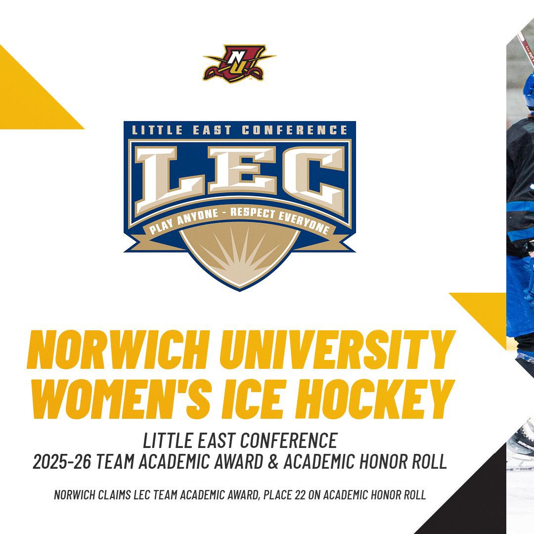 Graphic with AHCA logo and hockey players celebrating announces Norwich University women's ice hockey placed 12 on the 2025-26 Krampade All-American Scholars list.