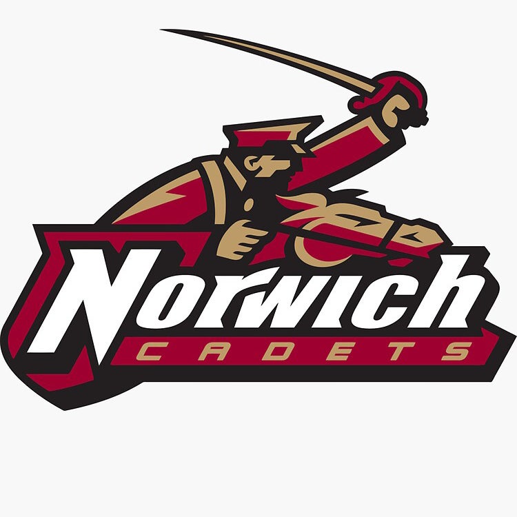 Norwich Cadets logo with a mounted rider raising a saber above the word "Norwich" and "Cadets" below on a gold background.
