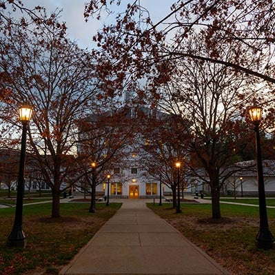 A tree-lined walkway with glowing lampposts leads to a building entrance at dusk.