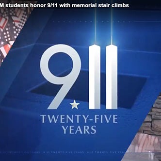 Graphic marking 25 years since 9/11 with large white "9/11" text on a blue background.