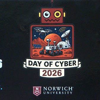 Norwich University Day of Cyber 2026 graphic features a robot, Mars rover, drone, satellite dish, and space habitat.