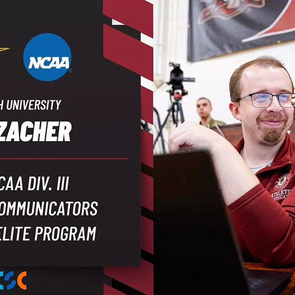 A person in a red Norwich Athletics jacket sits beside an NCAA Division III Communicators Elite Program graphic.