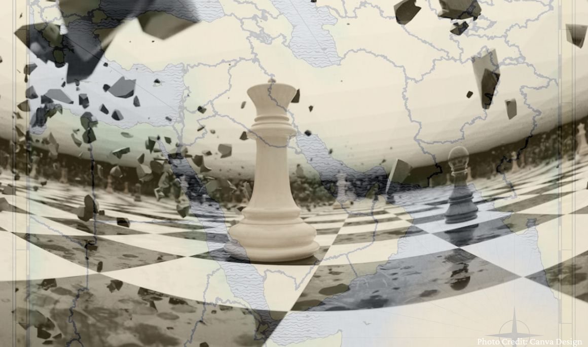 Chess board featuring white queen piece with black pieces shattering in the air around the queen with Middle East map overlaid on the chess board.