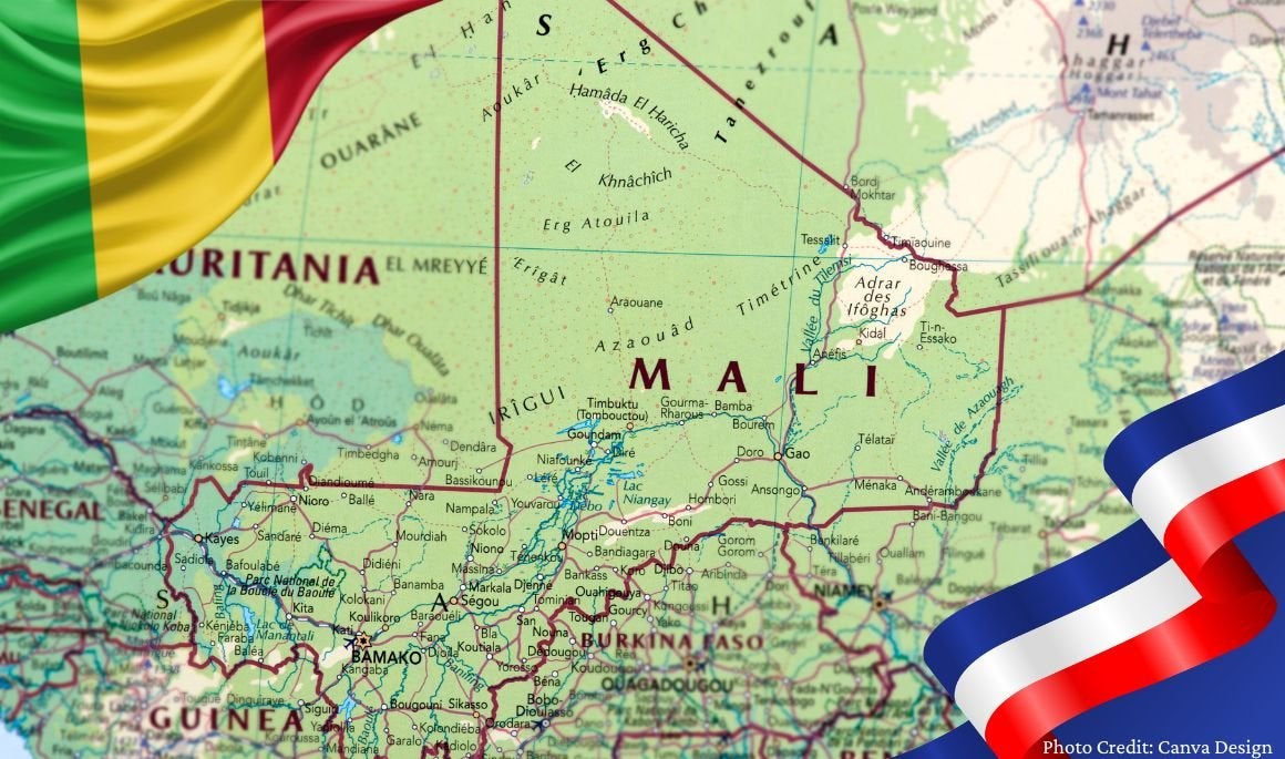 Map of Mali with Mali national flag in upper left corner and Russian national flag in bottom right corner