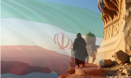Iranian flag faded into a desert scene with a woman in a burka in the foreground facing away