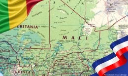 Map of Mali with Mali national flag in upper left corner and Russian national flag in bottom right corner