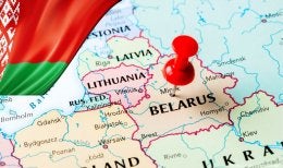 Map of Belarus and surrounding countries with red push pin on Belarus.