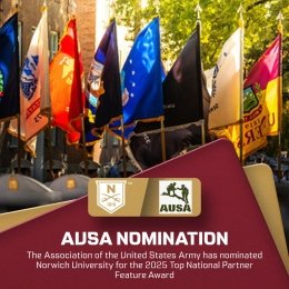 The flags of the Armed Forces are displayed on the Upper Parade Ground during the afternoon, with the bottom of the photo designed with maroon overlaying gold, and the logos of the AUSA and Norwich.