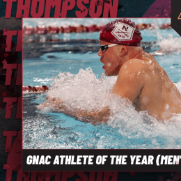An edited promotional image of Will Thompson, GNAC Athlete of the Year (Men's Sports). His name repeats down the background, while a photo is overlayed on top where he is in the pool, mid-stroke with his goggles and cap on. The caption "GNAC Athlete of the Year (Men's Sports) is below, with the NU and GNAC logos in the top right.