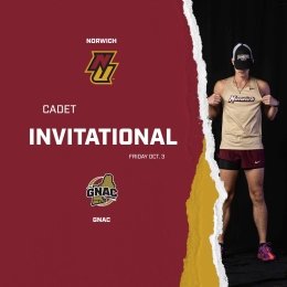 A graphic for the Cadet Invitational; the left side is maroon and gold with the logo and name, on the right a runner shows off his uniform.