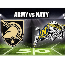 Army vs. Navy text above Army and Navy athletics teams logos, superimposed over a football field at 50-yard line