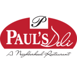Red-and-white logo for Paul's Deli: A neighborhood Restaurant