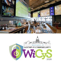 Long span view of bar with bartender in distance (source: "Tom's Watch Bar" by Jongeek77 is licensed under CC BY 4.0.). Below shows logo for Women in Cybersecurity (WiCyS) 2026, Washington, DC conference.