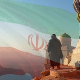 Iranian flag faded into a desert scene with a woman in a burka in the foreground facing away
