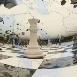 Chess board featuring white queen piece with black pieces shattering in the air around the queen with Middle East map overlaid on the chess board.