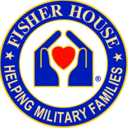 Fisher House helping military families encircles graphic of two hands around a heart.