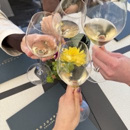 Four individuals holding wine glasses clink them together.