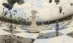 Chess board featuring white queen piece with black pieces shattering in the air around the queen with Middle East map overlaid on the chess board.