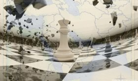 Chess board featuring white queen piece with black pieces shattering in the air around the queen with Middle East map overlaid on the chess board.