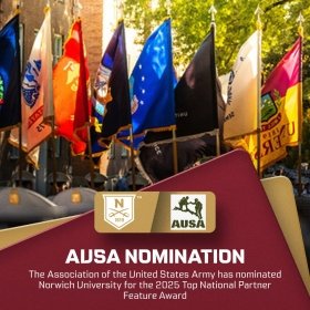 The flags of the Armed Forces are displayed on the Upper Parade Ground during the afternoon, with the bottom of the photo designed with maroon overlaying gold, and the logos of the AUSA and Norwich.