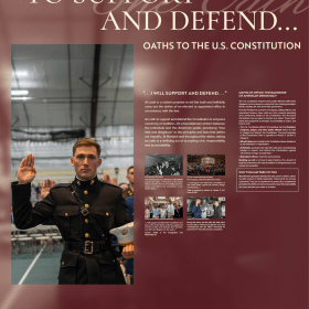 A graphic of a Norwich cadet taking an oath alongside educational constituion material.