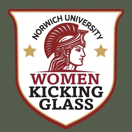 Norwich University Women Kicking Glass logo featuring a Spartan-style helmet and bold text.