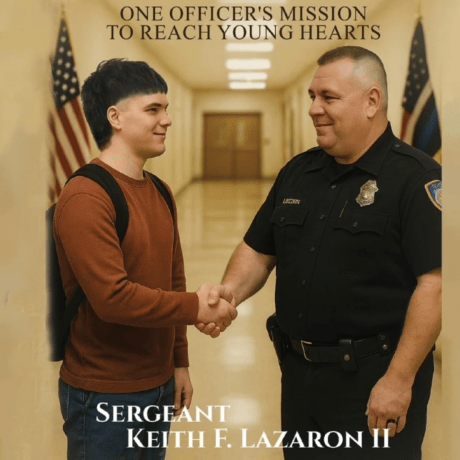 Image of Sergeant Keith F. Lazarón II shaking hands with a young individual in a school hallway, flanked by American flags. Caption reads: 'One officer's mission to reach young hearts.'