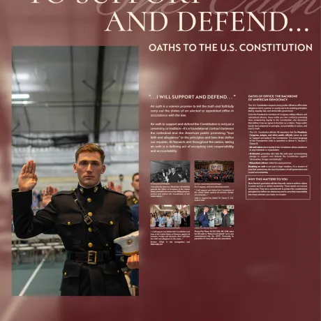 A graphic of a Norwich cadet taking an oath alongside educational constituion material.