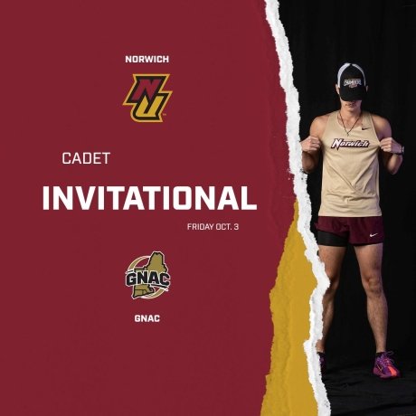 A graphic for the Cadet Invitational; the left side is maroon and gold with the logo and name, on the right a runner shows off his uniform.