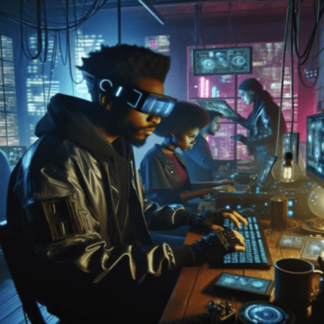 GenAI illustration of two individuals wearing virtual reality headsets and using computers in a high-tech, neon-lit room filled with electronic equipment.
