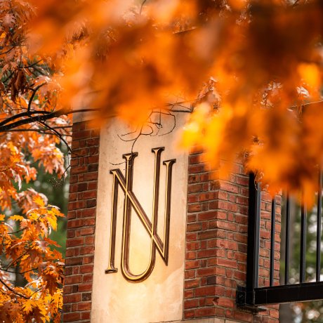 A brick pillar with the logo "NU" on a gold plaque, framed by vibrant orange autumn leaves.