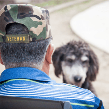 A man looks down at a dog in front of his chair.