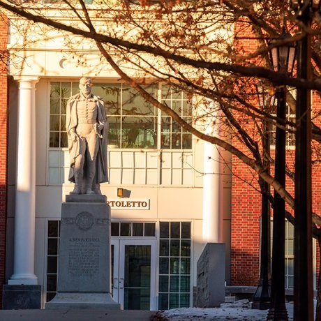 Norwich University Alden Partridge statue in front of Bartoletto Hall-
