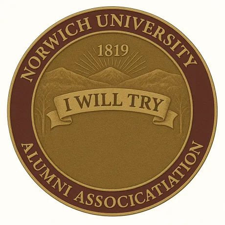 Norwich University Alumni Association seal with mountains, 1819, and a banner reading I WILL TRY.