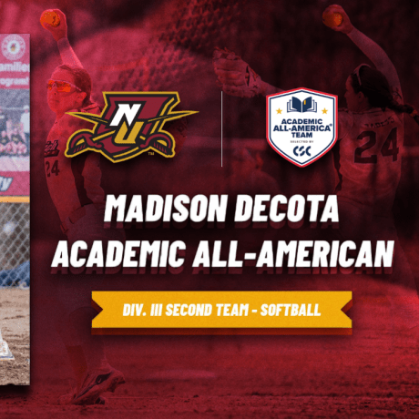 Softball player swings a bat during a game beside Academic All-American recognition text.